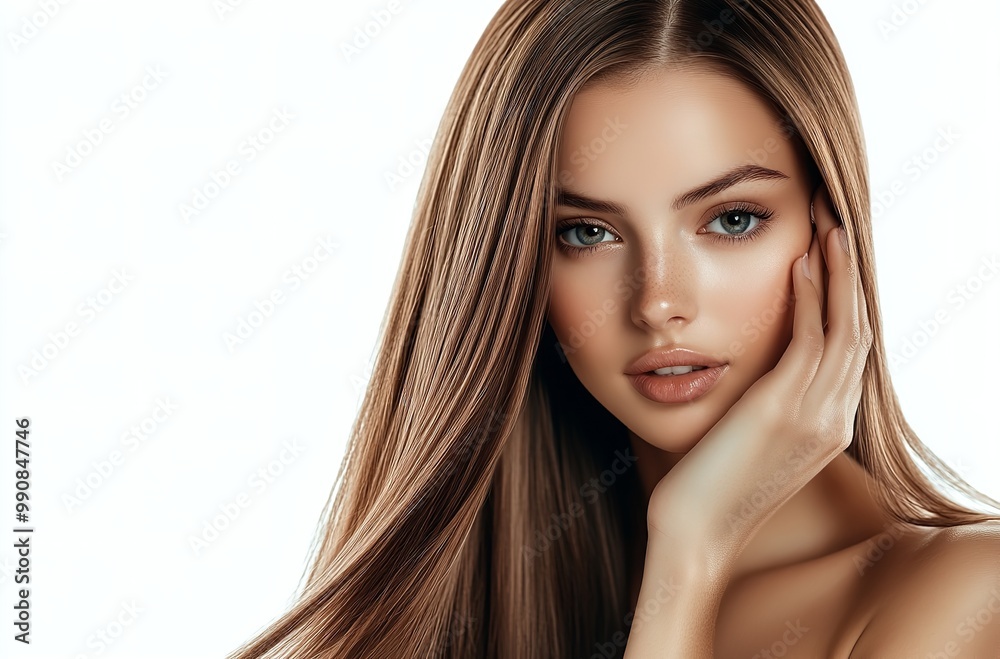 Beautiful woman with long straight hair on a white background
Beautiful woman with long straight hair on a white background