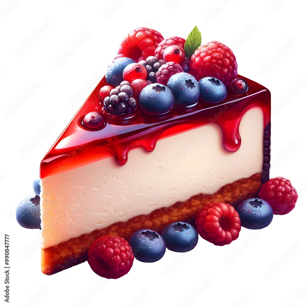 A slice of rich cheesecake with a berry topping on a transparent background. A slice of rich cheesecake with a berry topping on a transparent background.