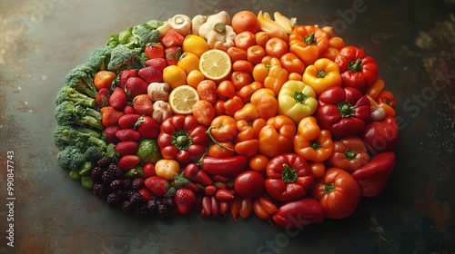 surreal brainshaped arrangement of vibrant vegetables vivid colors artistic food photography healthy eating concept photo