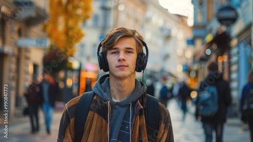 Urban youth in trendy fashion, headphones on, enjoying a vibrant city atmosphere