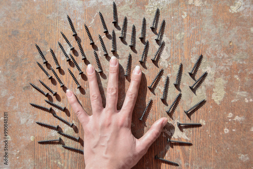 conceptual photo of the female hand surronded ith screws photo