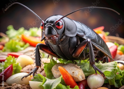 A colossal black roach perches atop a heap of kitchen waste, its blazing red eyes menacingly surveying the photo