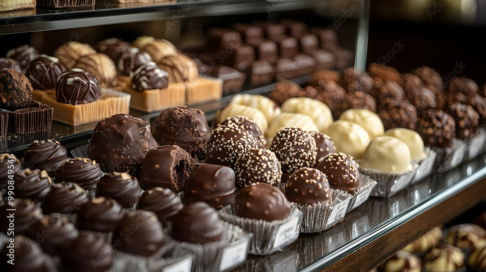A tempting assortment of gourmet chocolate truffles displayed elegantly in a shop showcase, showcasing various rich flavors. A tempting assortment of gourmet chocolate truffles displayed elegantly in a shop showcase, showcasing various rich flavors.