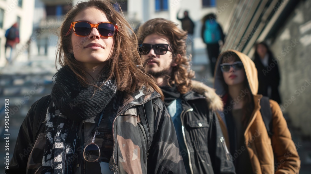 Expressive fashion and happy faces, young people in a modern city setting with music Expressive fashion and happy faces, young people in a modern city setting with music
