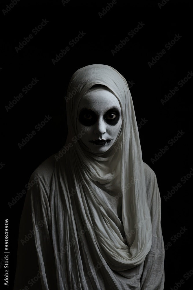 Portrait of a Middle Eastern woman with ghostly white face paint and dark hollow eyes, wearing a flowing white dress, copy space in the middle, in a black background, Halloween theme Portrait of a Middle Eastern woman with ghostly white face paint and dark hollow eyes, wearing a flowing white dress, copy space in the middle, in a black background, Halloween theme