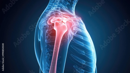A detailed anatomical image of a human shoulder, highlighting the joint structure with emphasis on the shoulder bone's connection and surrounding tissues.