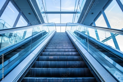 Empty escalator going up in a modern building with glass windows