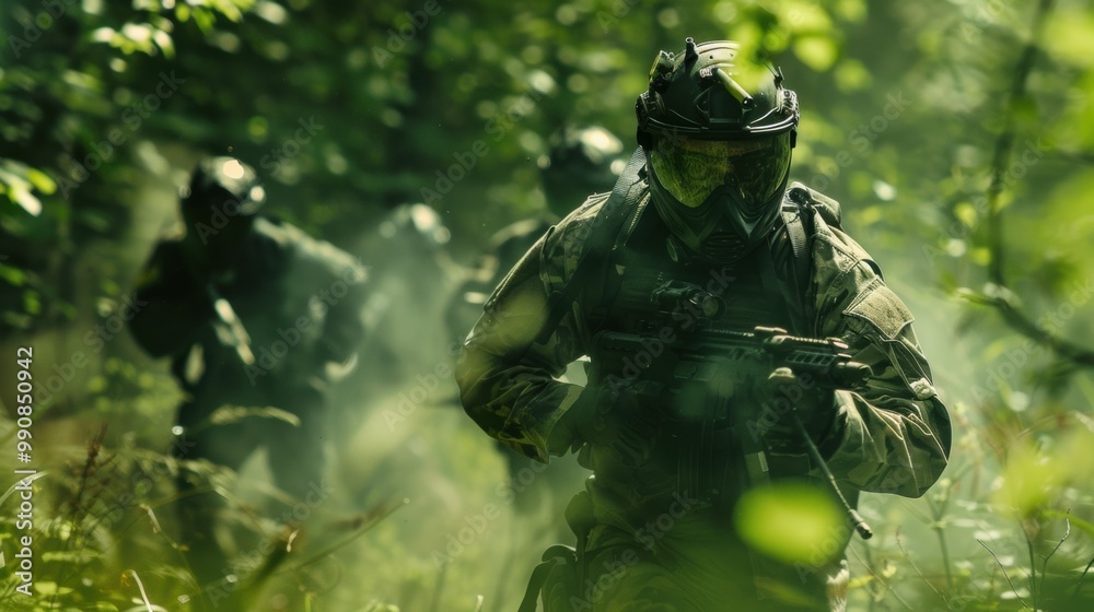 Friends Running in Tactical Gear Through Forest Friends Running in Tactical Gear Through Forest