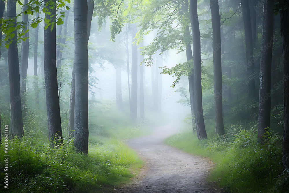 Obraz premium background with a misty forest path, featuring tall trees, soft fog, and a peaceful, enchanting atmosphere