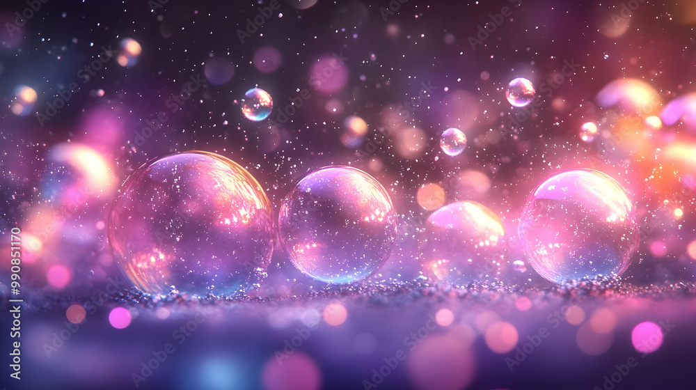 Colorful, shimmering soap bubbles floating in a dreamy background.