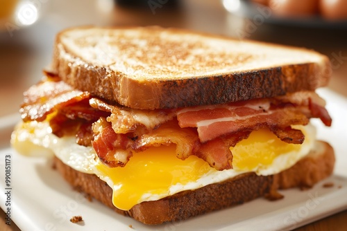 A close-up of a sandwich made with egg, bacon and cheese