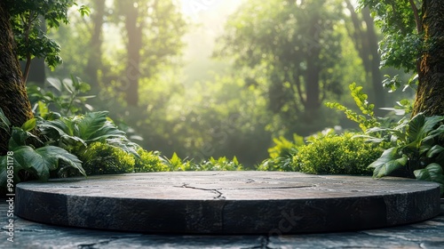 tranquil nature podium scene with flat stone platform lush green forest background soft diffused lighting minimalist product display concept with serene atmosphere