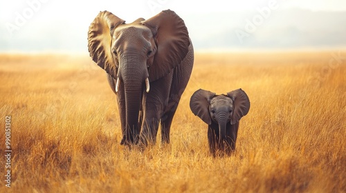 Baby elephant with his mother in the wild.