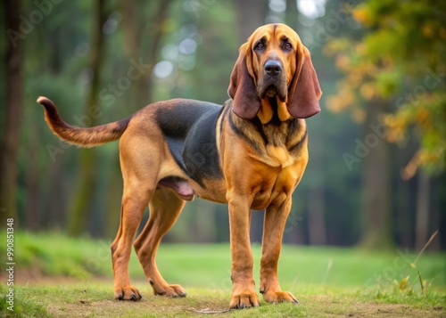 A dignified bloodhound dog stands at attention, his ears neatly folded as he takes in his surroundings with photo