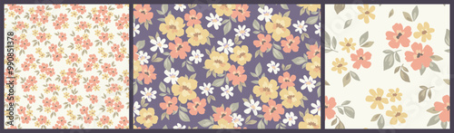 Seamless floral pattern, vintage liberty ditsy print, abstract ornament in folk motif. Botanical design: small hand drawn flowers, tiny leaves, simple bouquets. Delicate colors, vector illustration.