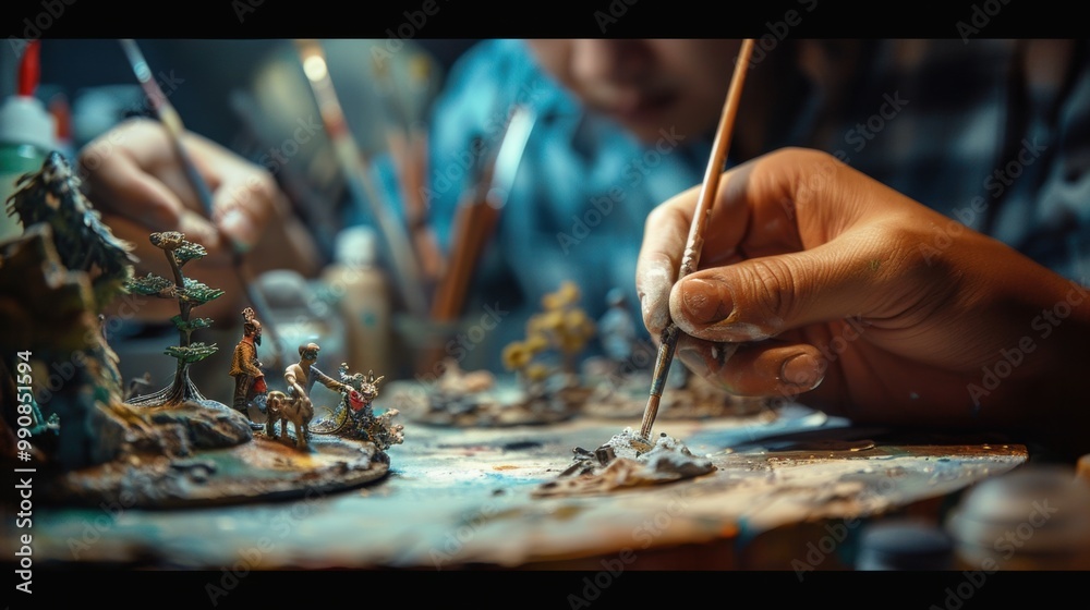 Miniature Painter Working on Detailed Model Scenes Miniature Painter Working on Detailed Model Scenes