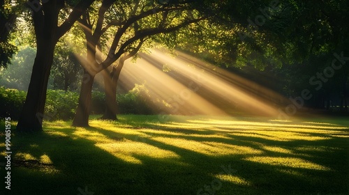 Soft warm morning sunlight streaming through the lush branches of a tree casting gentle rays and shadows on the peaceful natural ground beneath creating a tranquil and soothing atmosphere photo