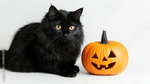 Long-haired black cat with Halloween pumpkin on a white background