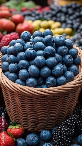 A vibrant basket overflowing with fresh blueberries at a bustling farmer's market surrounded by assorted berries.