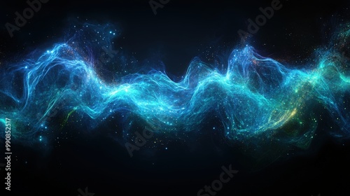 Vibrant blue and green sound waves illustrating energy against a dark background