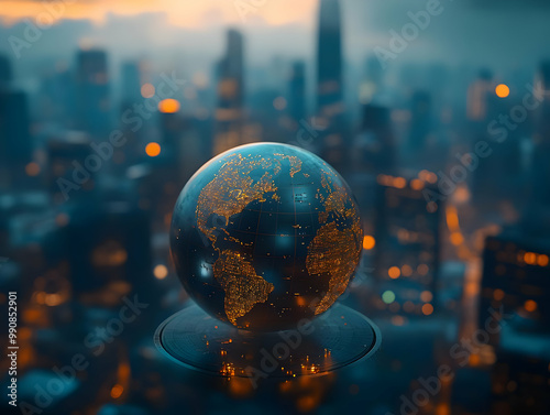 Globe representing Earth, illuminated, against a city backdrop at dusk. A blend of nature and urban life.