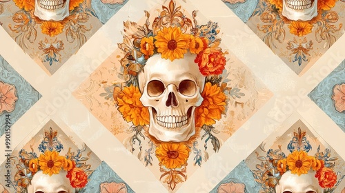 A decorative pattern featuring a skull surrounded by vibrant flowers on a textured background, blending elements of mortality and beauty. photo