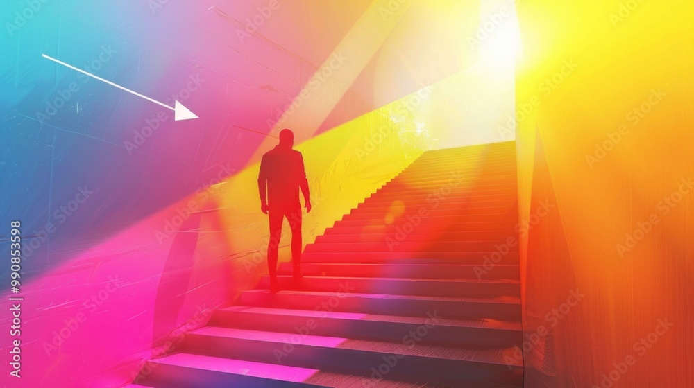 Man walking up the steps, in the direction of the arrow, bright colors in the futuristic style. The concept of the path. Man walking up the steps, in the direction of the arrow, bright colors in the futuristic style. The concept of the path.