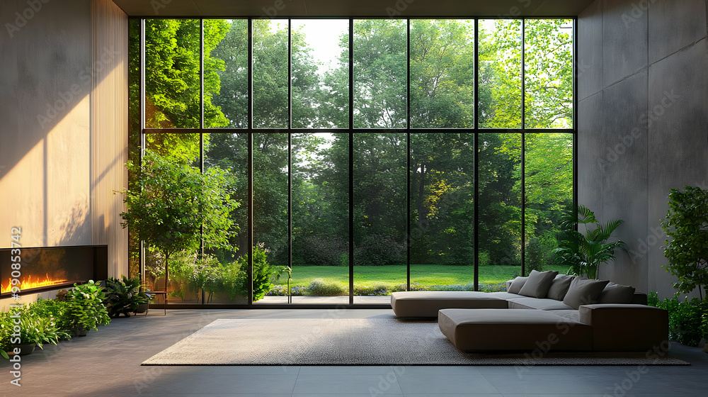 Modern living room with large windows, showcasing a view of greenery and a cozy atmosphere, perfect for relaxation. Modern living room with large windows, showcasing a view of greenery and a cozy atmosphere, perfect for relaxation.