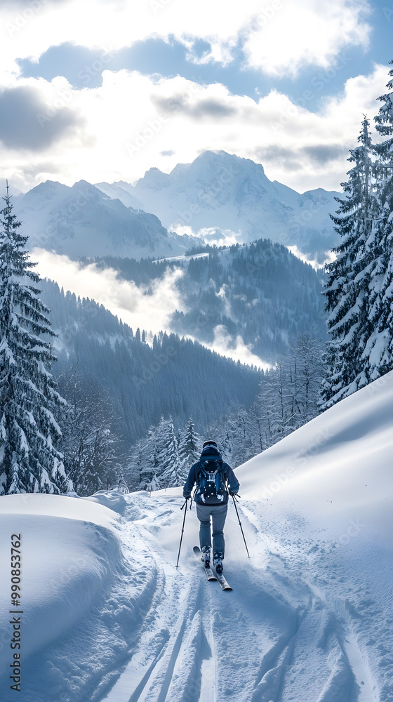 Skier skiing downhill in snowy mountains Skier skiing downhill in snowy mountains
