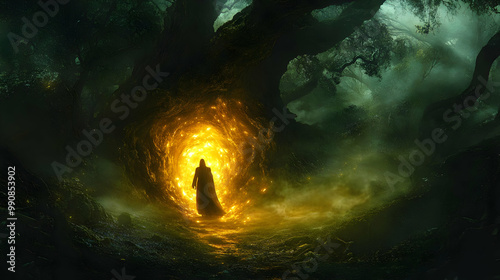 Mysterious figure emerges from a glowing portal in an enchanted forest, evoking a sense of magic and wonder. photo