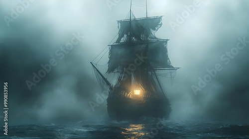 Mysterious ship illuminated by light in dense fog on the water, creates an eerie atmosphere perfect for storytelling.