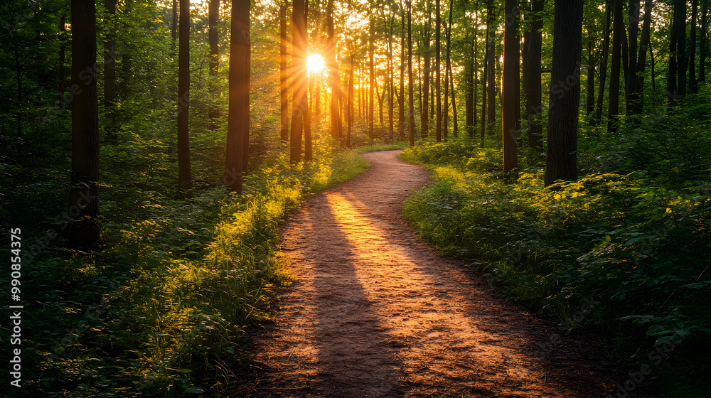 Obraz premium Scenic pathway through a lush forest, illuminated by the warm glow of the setting sun.