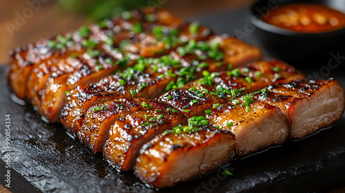 Grilled pork belly slices served with lettuce wraps and spicy dipping sauce