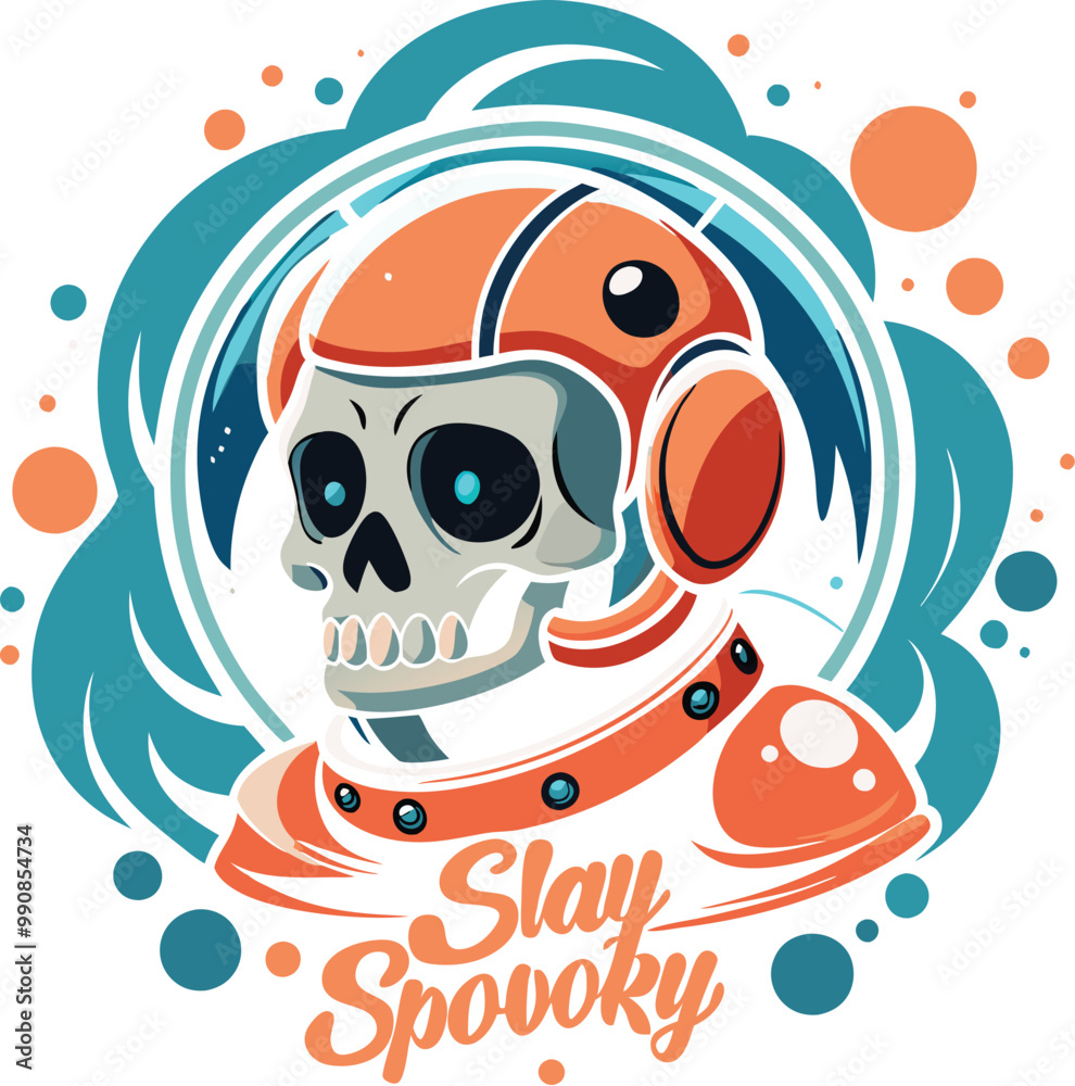 Fototapeta premium Illustration of a skull with an astronaut helmet surrounded by floating bubbles. Generative AI.