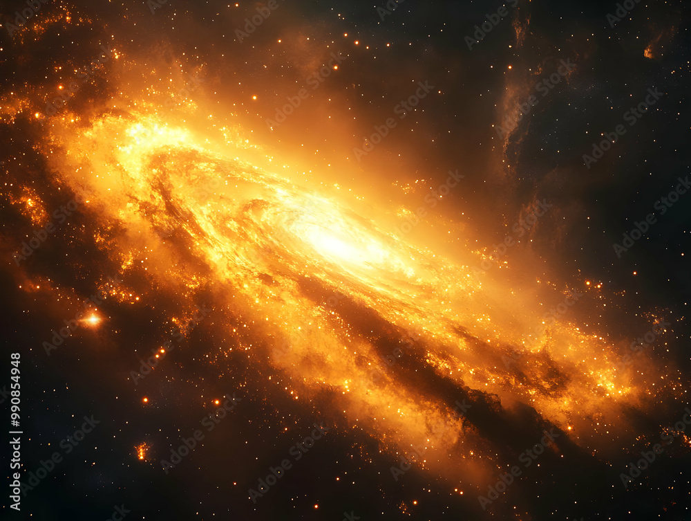 Stunning view of a spiral galaxy illuminated by bright orange and yellow stars, set against a cosmic background. Stunning view of a spiral galaxy illuminated by bright orange and yellow stars, set against a cosmic background.