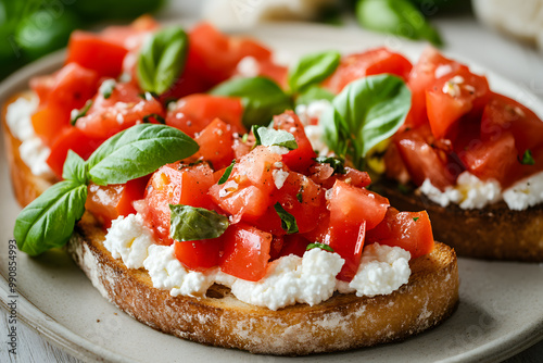  Italian bruschetta with roasted tomatoes, mozzarella cheese commercial advertising photo 