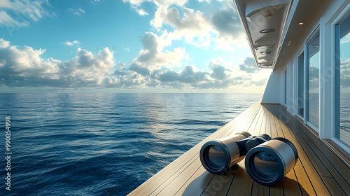 Stylish binoculars on a sunlit deck overlooking the serene ocean and dramatic clouds. photo