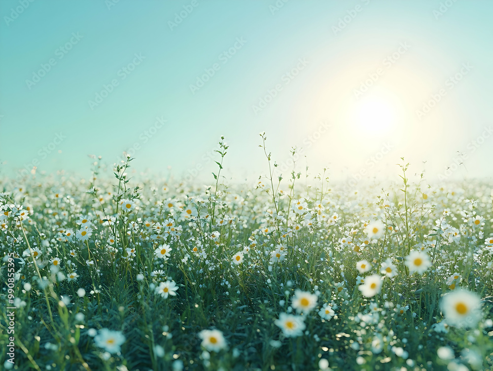 Fototapeta premium Vibrant field of daisies under a bright blue sky, capturing the beauty of nature in full bloom.