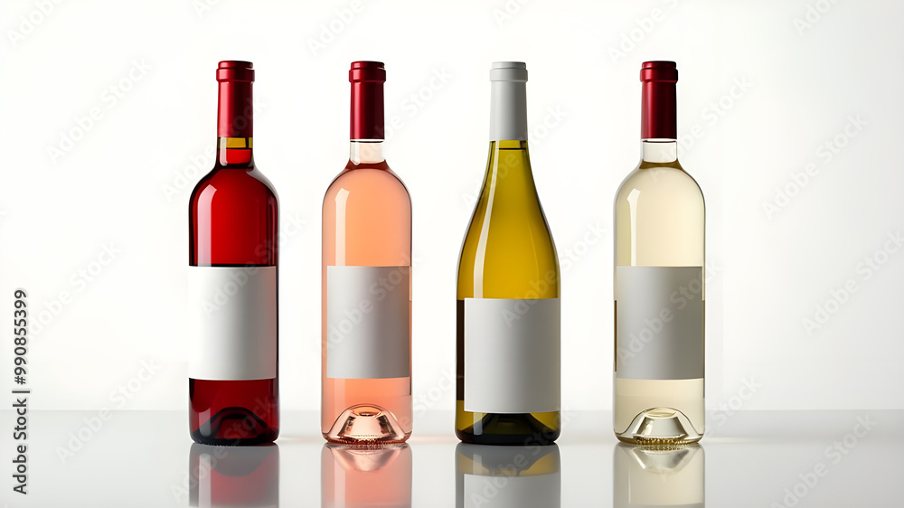 Variety of wine bottles in shades of red, white, and rose, displaying a colorful spectrum of beverage options. Variety of wine bottles in shades of red, white, and rose, displaying a colorful spectrum of beverage options.