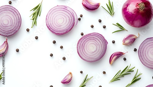 A flat lay of red onion slices, garlic cloves, black peppercorns and rosemary sprigs on a white background.