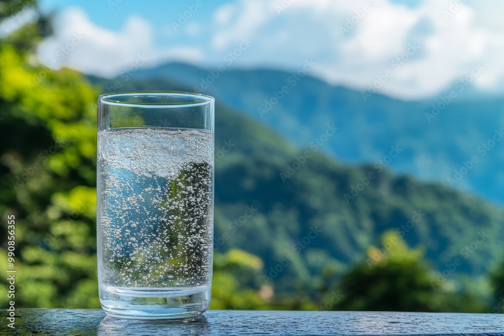 Refreshing sparkling water with scenic mountain view Refreshing sparkling water with scenic mountain view