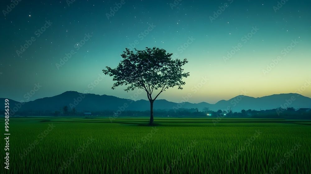 Obraz premium A single solitary tree stands tall in the middle of a vast tranquil rice field its silhouette illuminated by the soft ethereal glow of the full moon overhead The clear