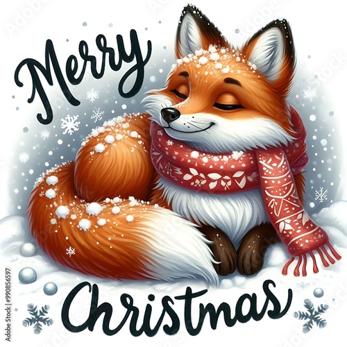 Cozy fox in a scarf wishing Merry Christmas photo