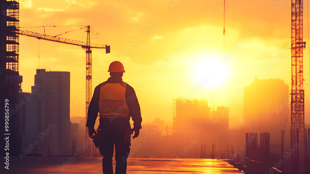 A construction worker with a tool belt walks toward a stunning sunset at a construction site, embodying dedication and the promise of progress