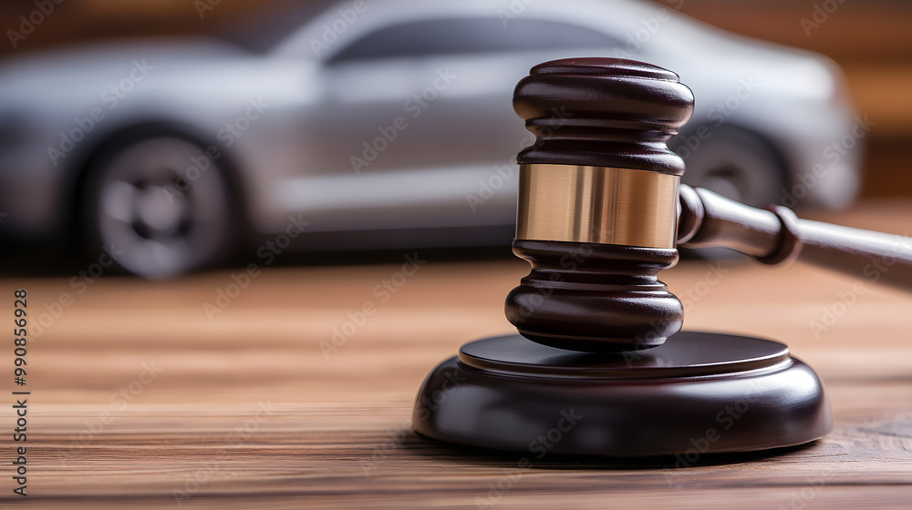 A gavel rests prominently on a wooden surface with a sleek car model blurred in the background, symbolizing justice and automotive themes A gavel rests prominently on a wooden surface with a sleek car model blurred in the background, symbolizing justice and automotive themes