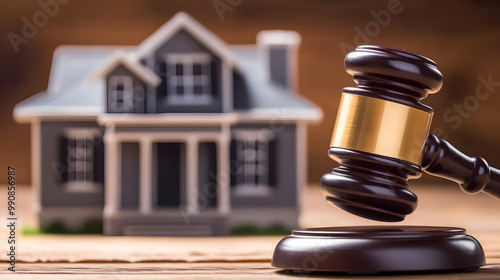 Wallpaper Mural A judges gavel rests beside a model house on a wooden surface symbolizing legal decisions related to real estate Torontodigital.ca