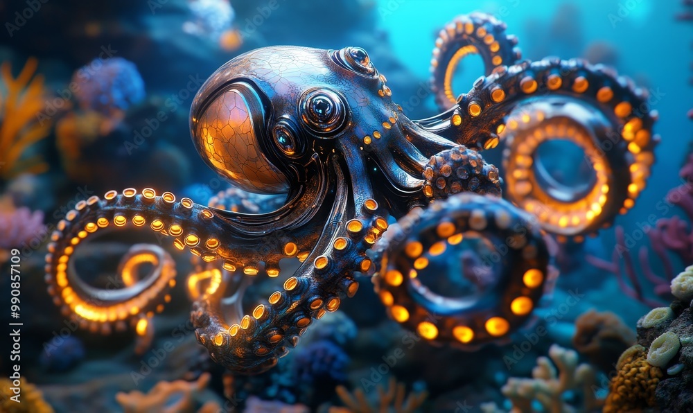 Fototapeta premium Glowing metallic octopus in underwater scene.