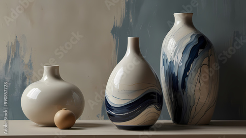 abstract illustration that merges the crisp details of porcelain painting with flowing shapes and muted blue, cream, and ivory tones, resembling the artistic quality of hand-painted porcelain vases photo