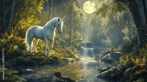 Majestic Unicorn in a Whimsical Forest Setting.