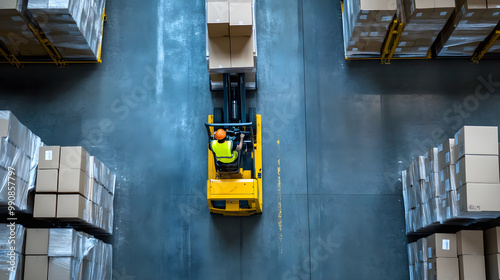 A worker in a logistics warehouse operates a forklift to organize boxes efficiently in a well-arranged storage area